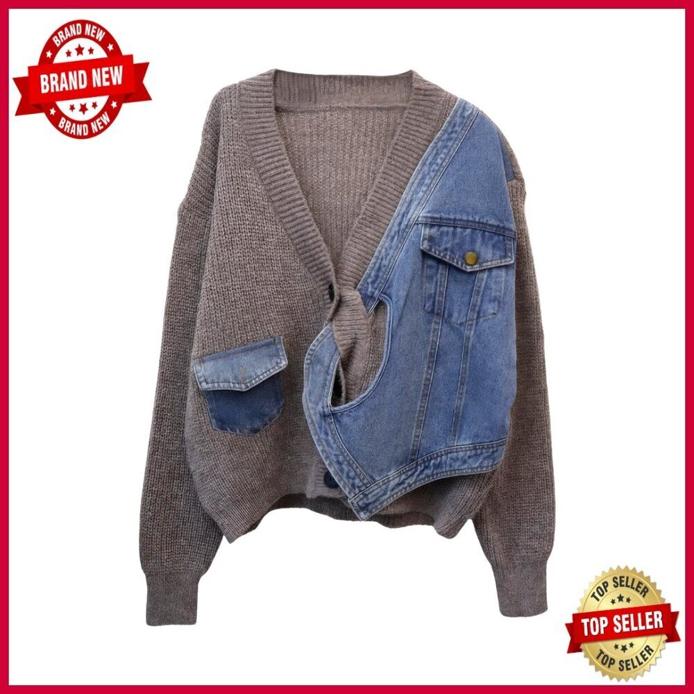 Oversized Denim Patchwork Cardigan with Pockets, Button Front, One Size